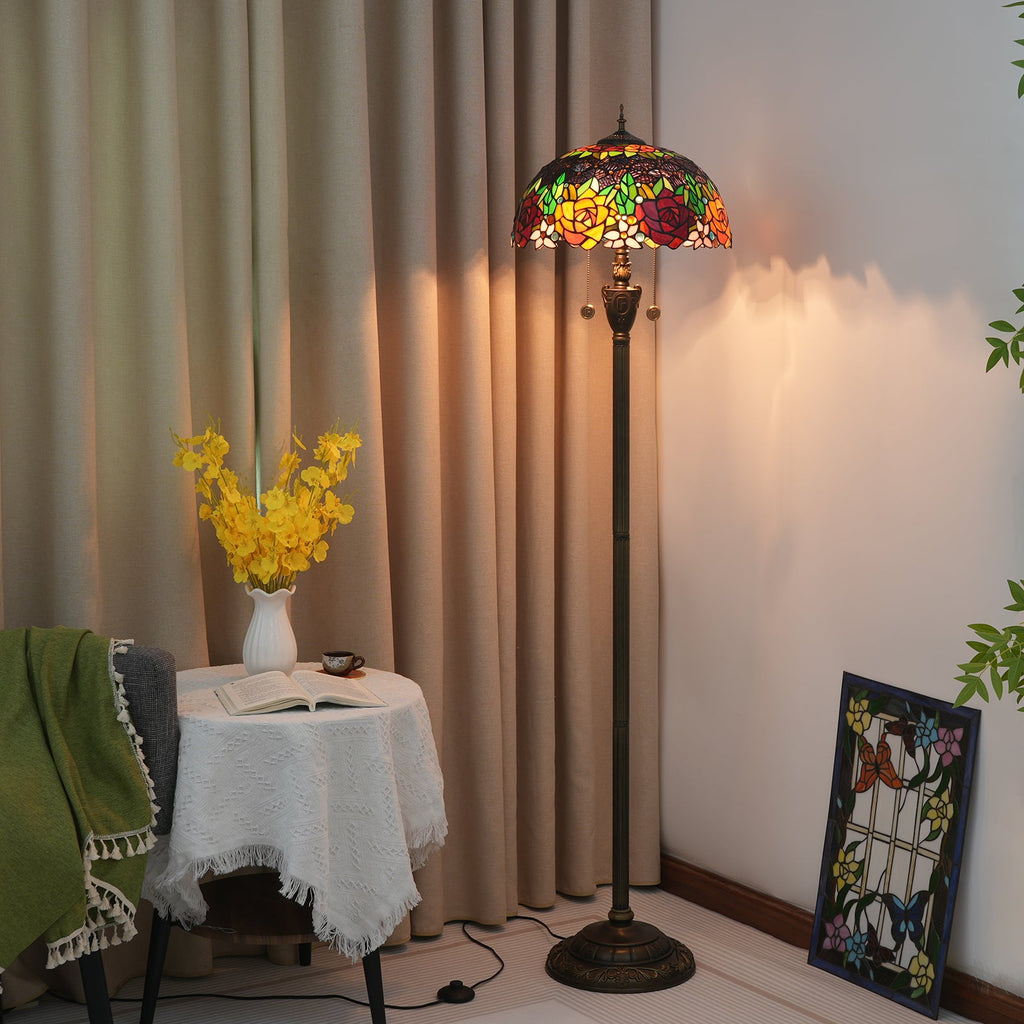 Tiffany Floor Lamp in Stained Glass with Floral Roses