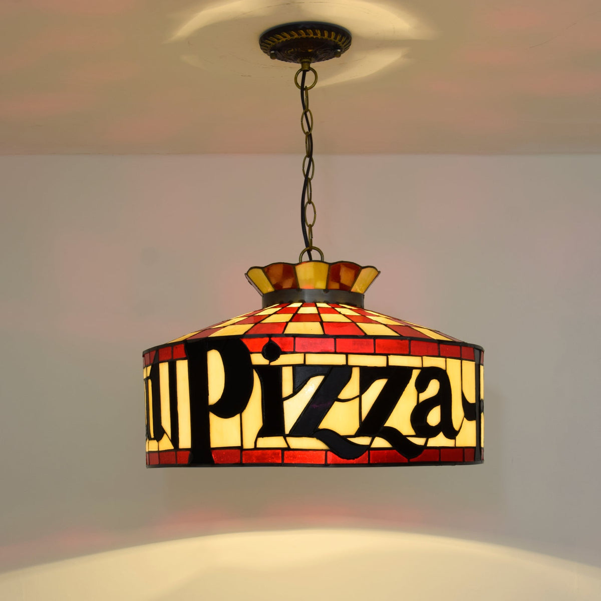 Tiffany "Pizza Hut" Chandelier in Red and Yellow Stained Glass