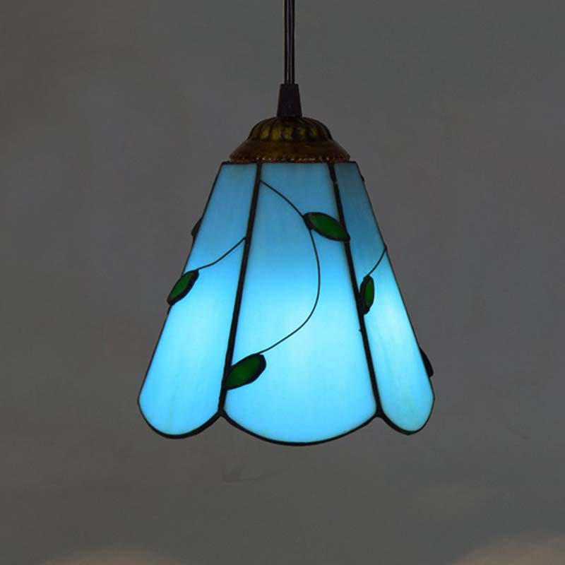 Tiffany-style stained glass pendant lamp in blue with green leaves