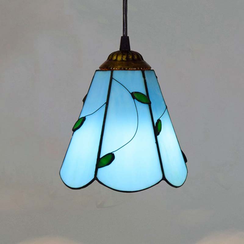 Tiffany-style stained glass pendant lamp in blue with green leaves