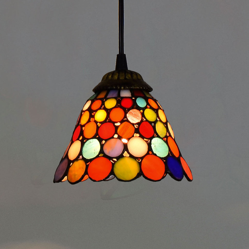 Tiffany-style stained glass pendant light with multicolored circles