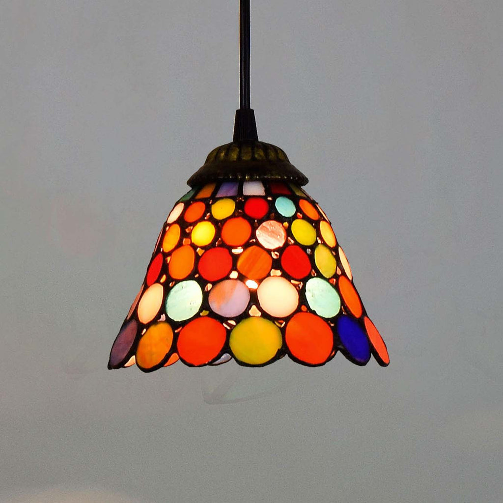 Tiffany-style stained glass pendant light with multicolored circles