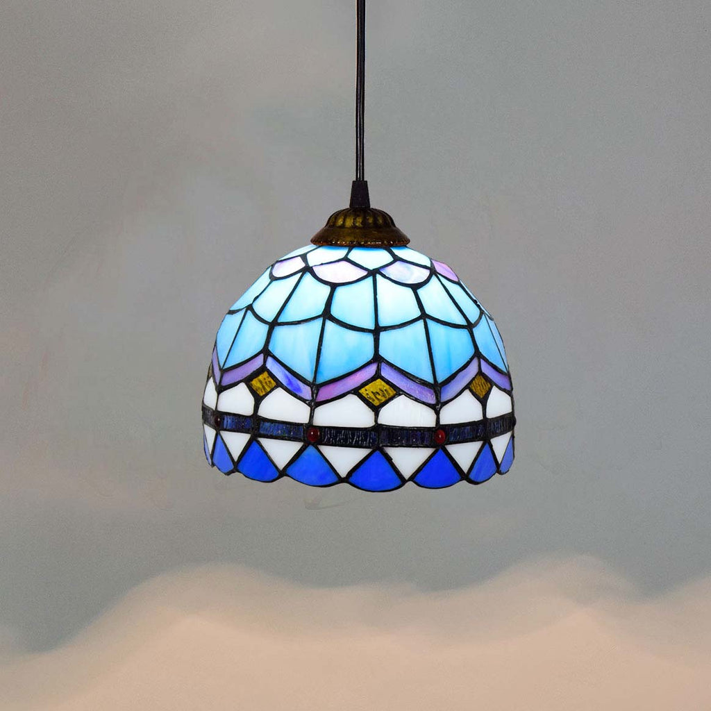 Blue Tiffany Stained Glass Bell-Shaped Hanging Pendant Light