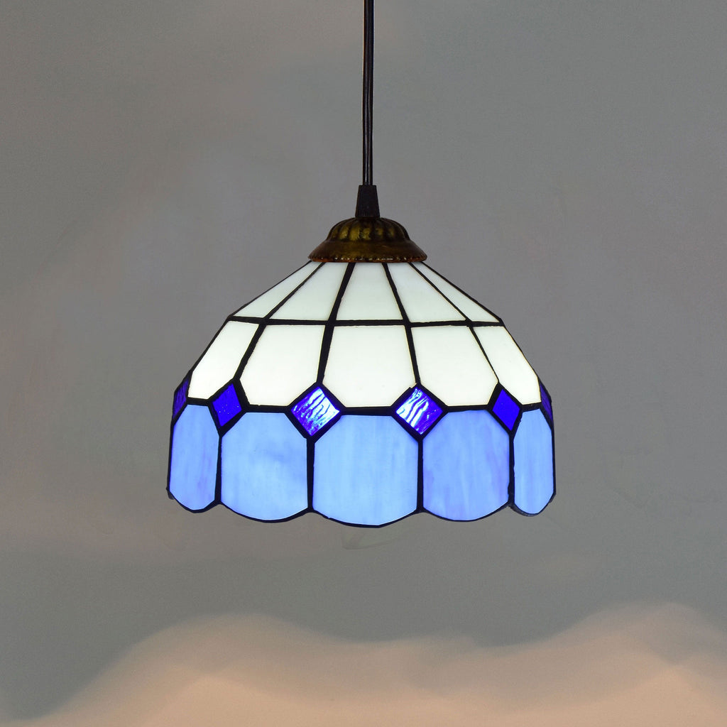 Blue and White Tiffany Pendant Light with Wavy Edge