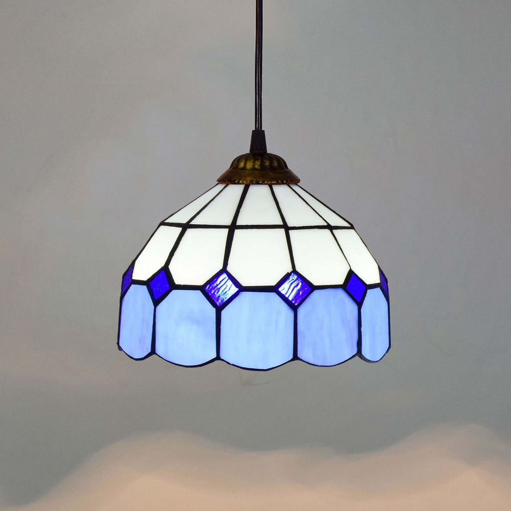 Blue and White Tiffany Pendant Light with Wavy Edge