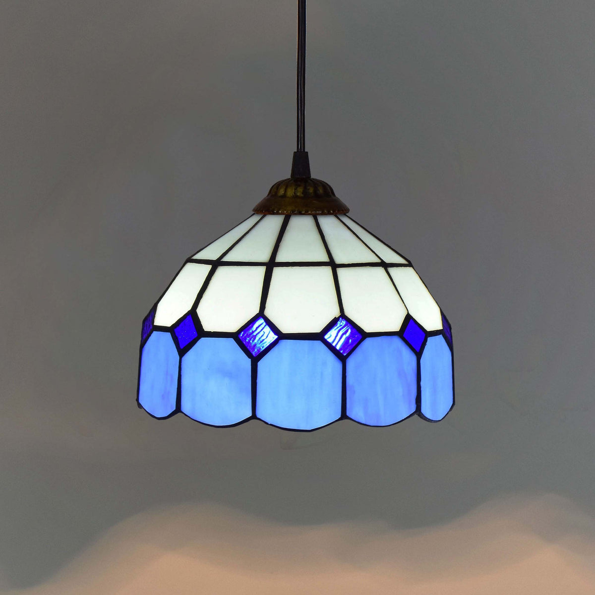 Blue and White Tiffany Pendant Light with Wavy Edge