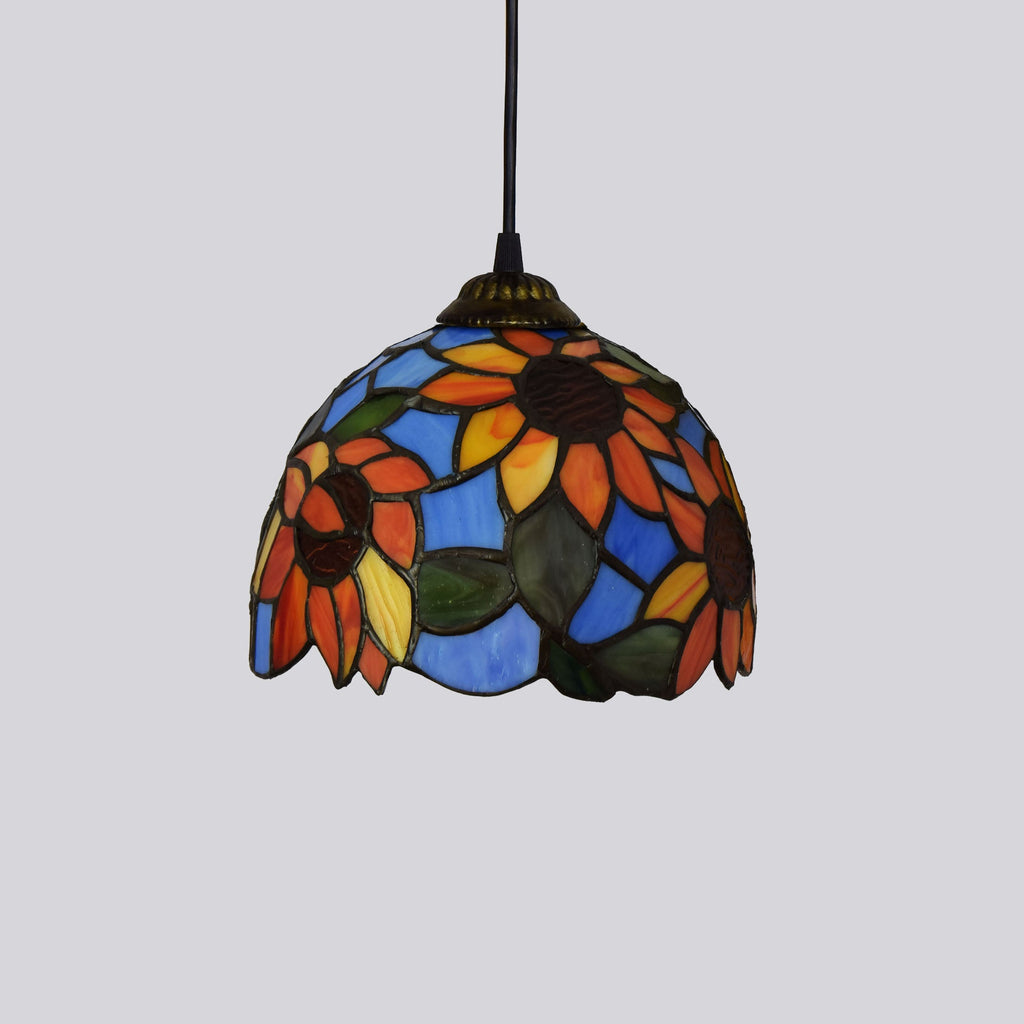 Tiffany stained glass pendant light with sunflower motifs