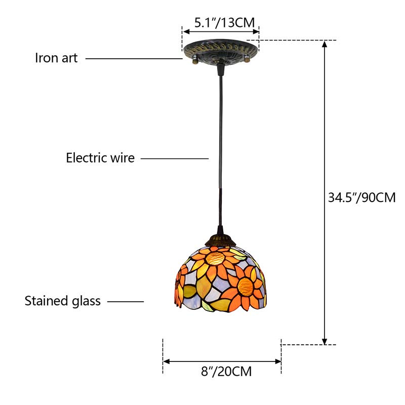 Tiffany stained glass pendant light with sunflower motifs