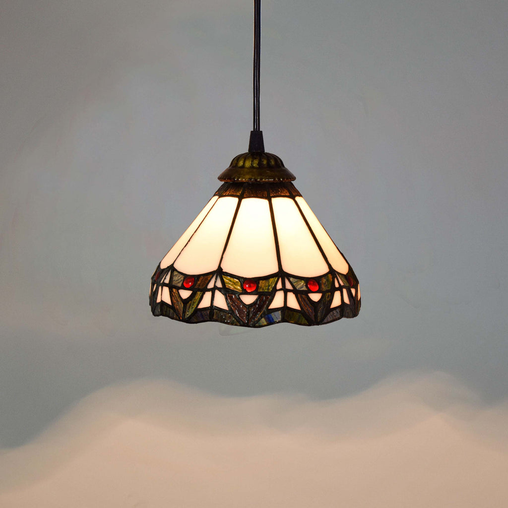 Conical pendant light in white Tiffany stained glass