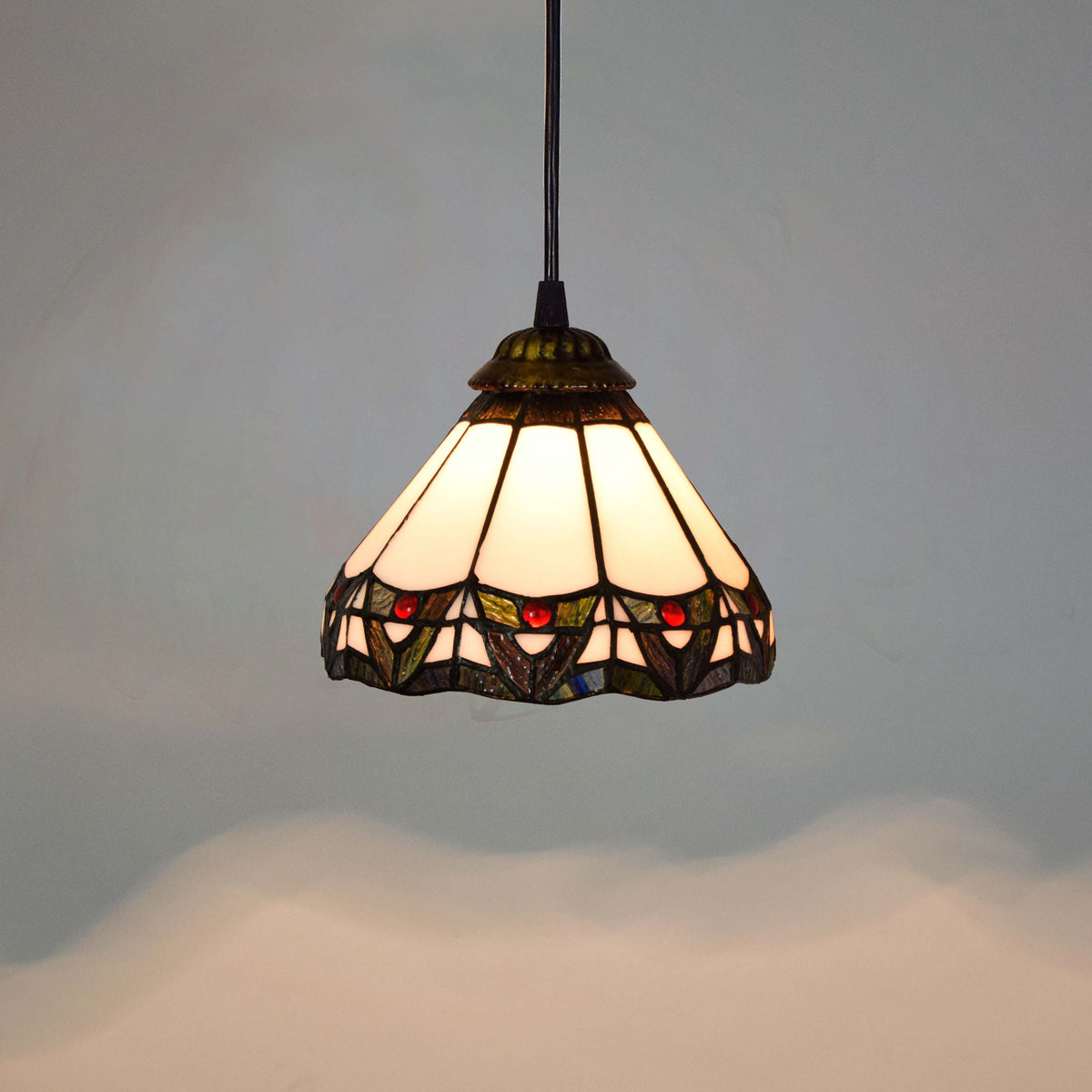 Conical pendant light in white Tiffany stained glass