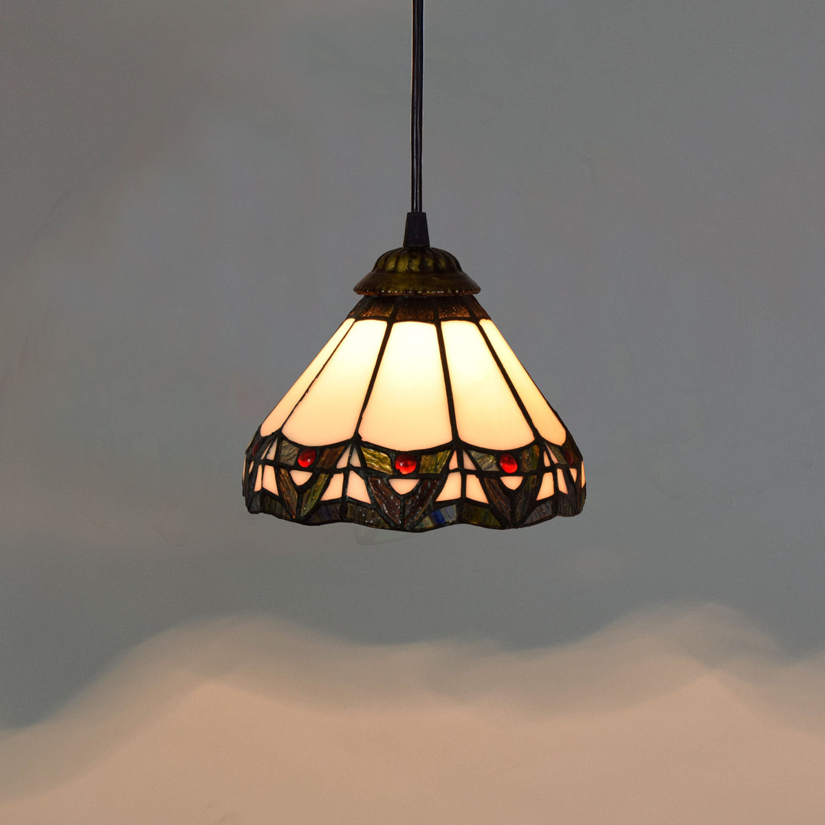 Conical pendant light in white Tiffany stained glass