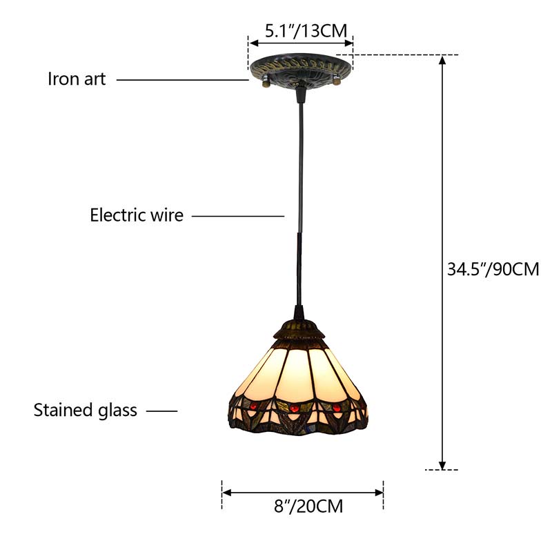 Conical pendant light in white Tiffany stained glass