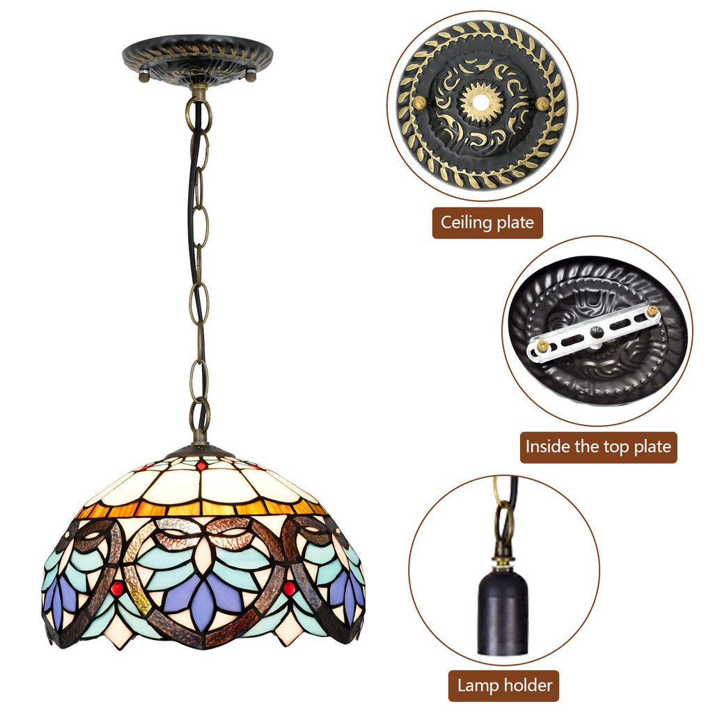 Tiffany Stained Glass and Wrought Iron Hanging Ceiling Light