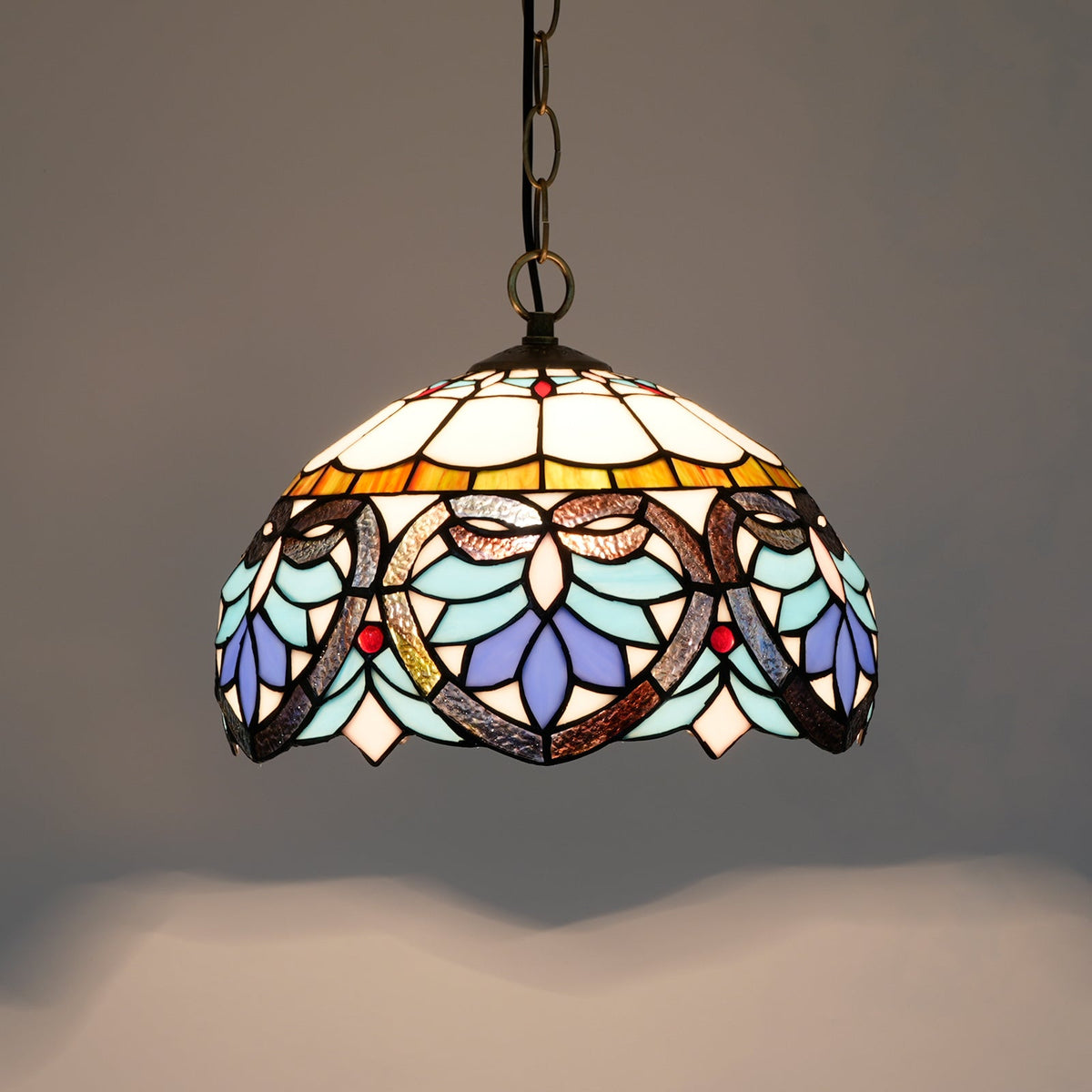 Tiffany Stained Glass and Wrought Iron Hanging Ceiling Light