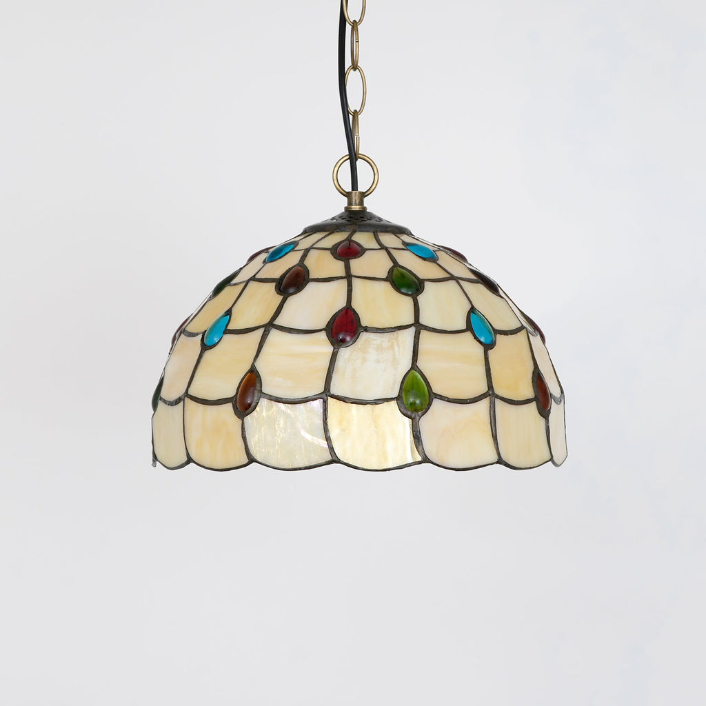 Tiffany-style stained glass pendant light in amber and multicoloured colours.