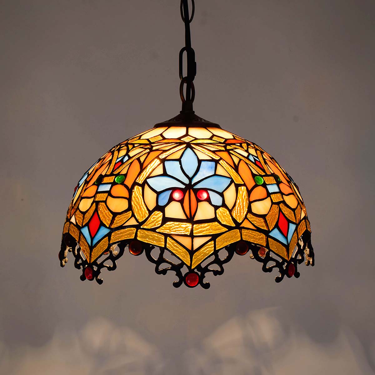 Antique Bronze Tiffany Stained Glass Pendant Light