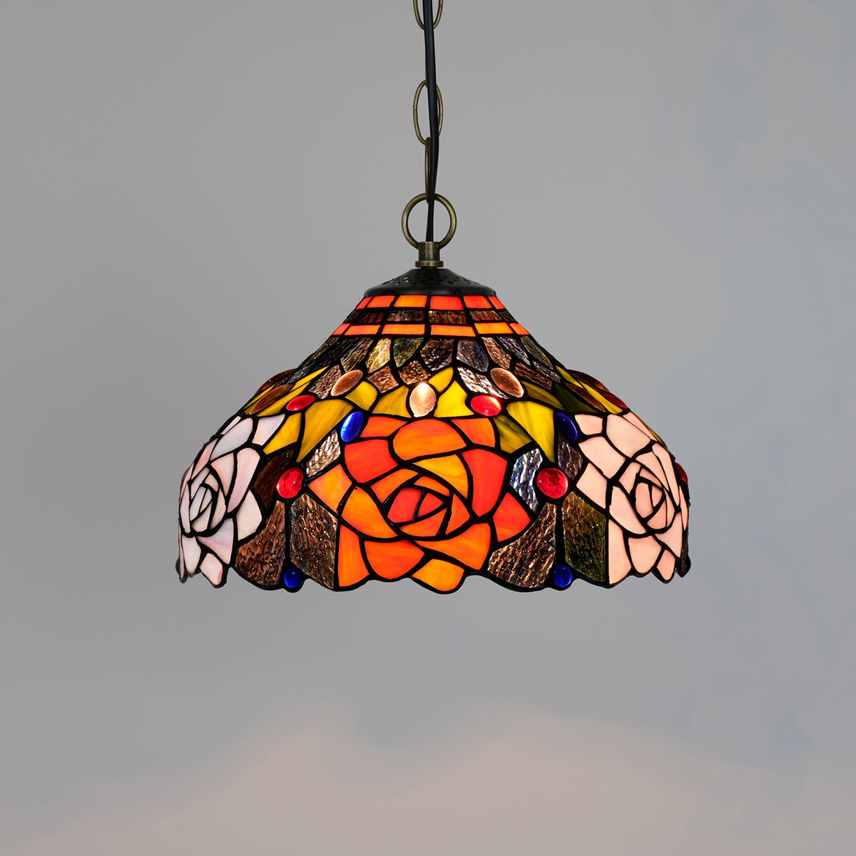 Tiffany-style stained glass pendant light with multicolored roses