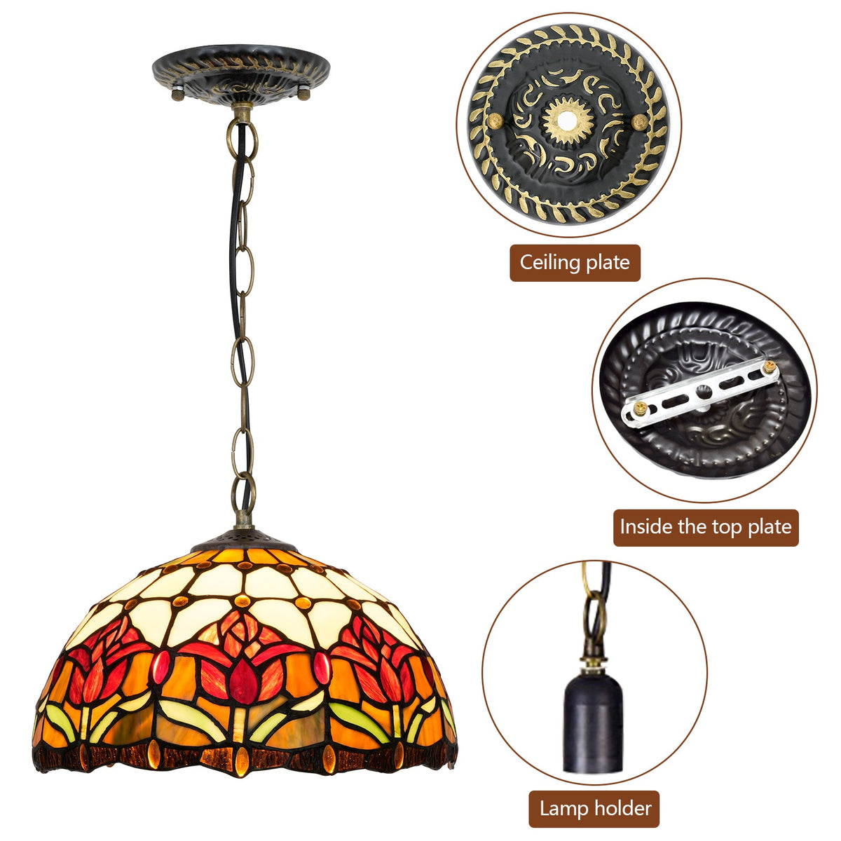 Red and Cream Floral Stained Glass Tiffany Pendant Light