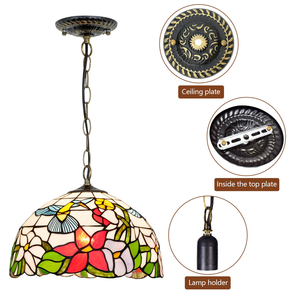 Floral and Hummingbird Tiffany Glass Hanging Pendant