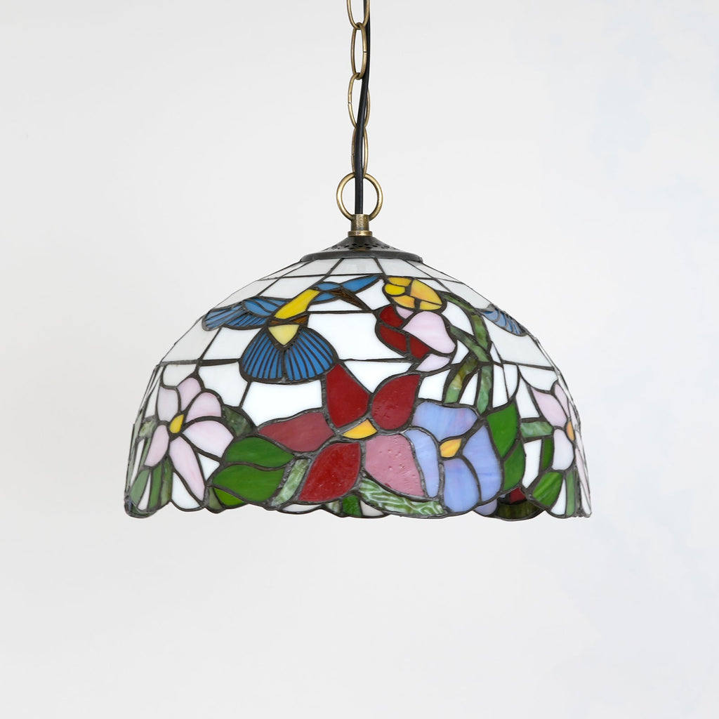Floral and Hummingbird Tiffany Glass Hanging Pendant