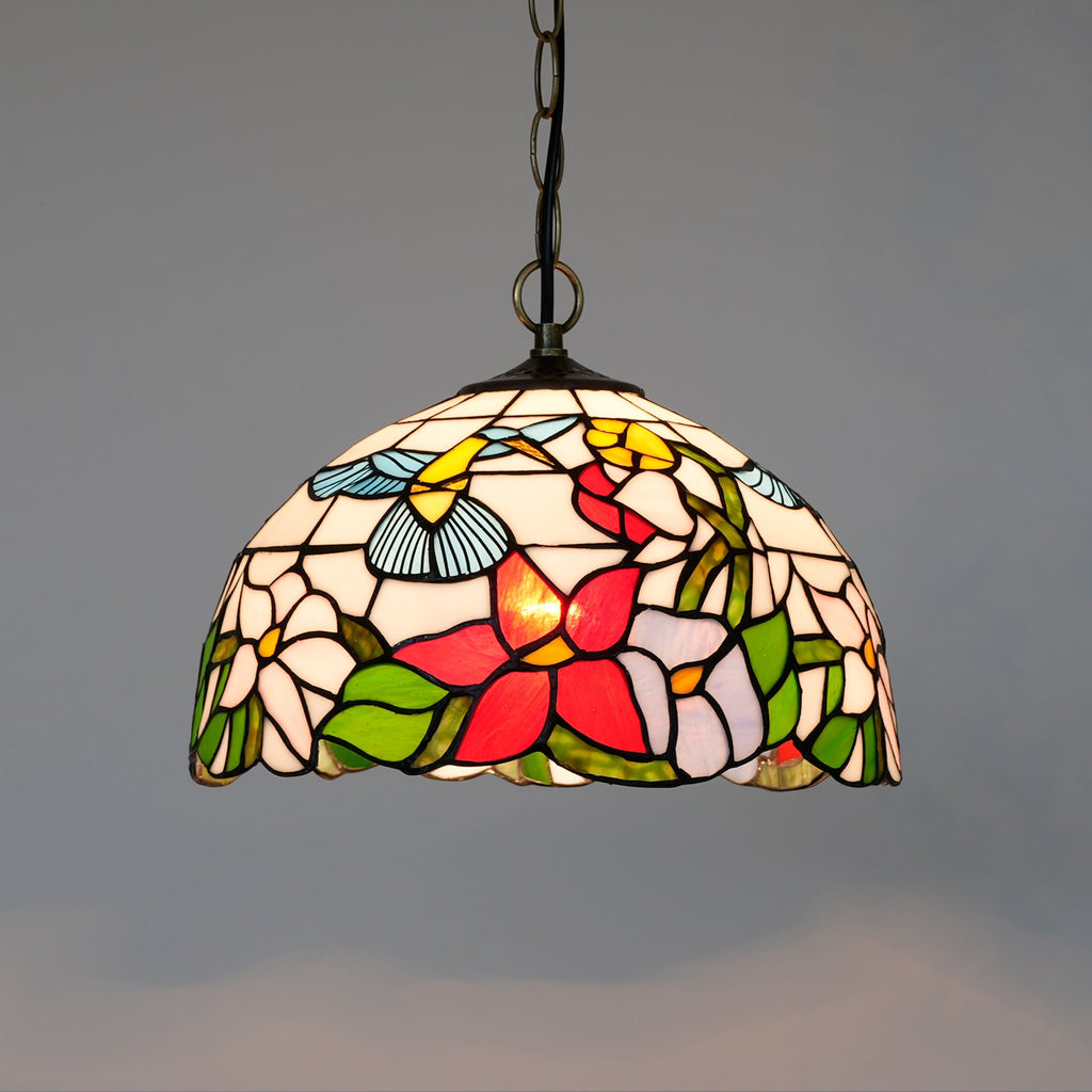 Floral and Hummingbird Tiffany Glass Hanging Pendant
