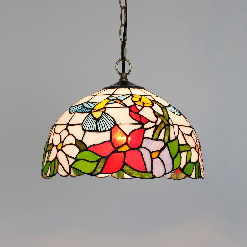 Floral and Hummingbird Tiffany Glass Hanging Pendant