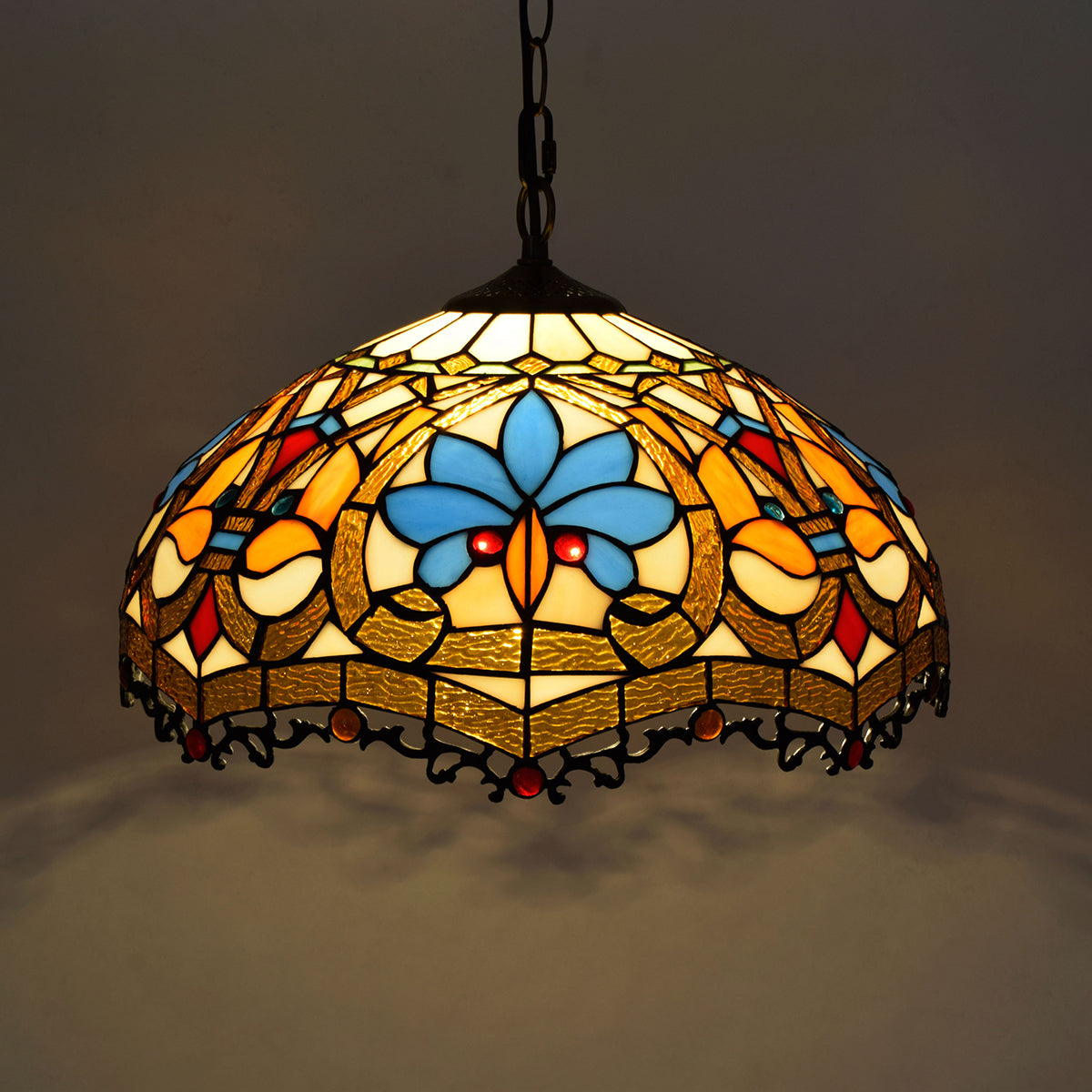 Blue and Amber Floral Tiffany Glass Pendant Light