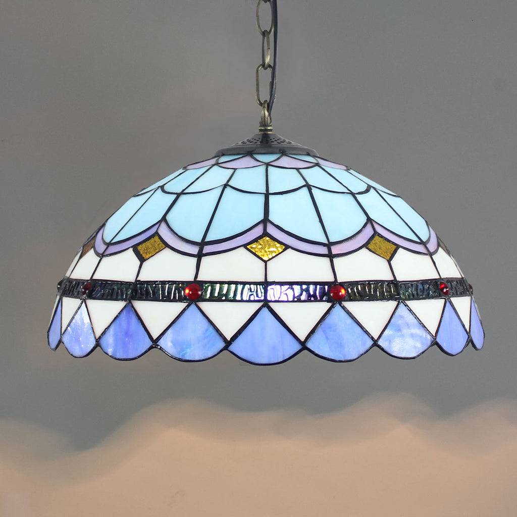 Blue and White Tiffany Stained Glass Dome Pendant Light