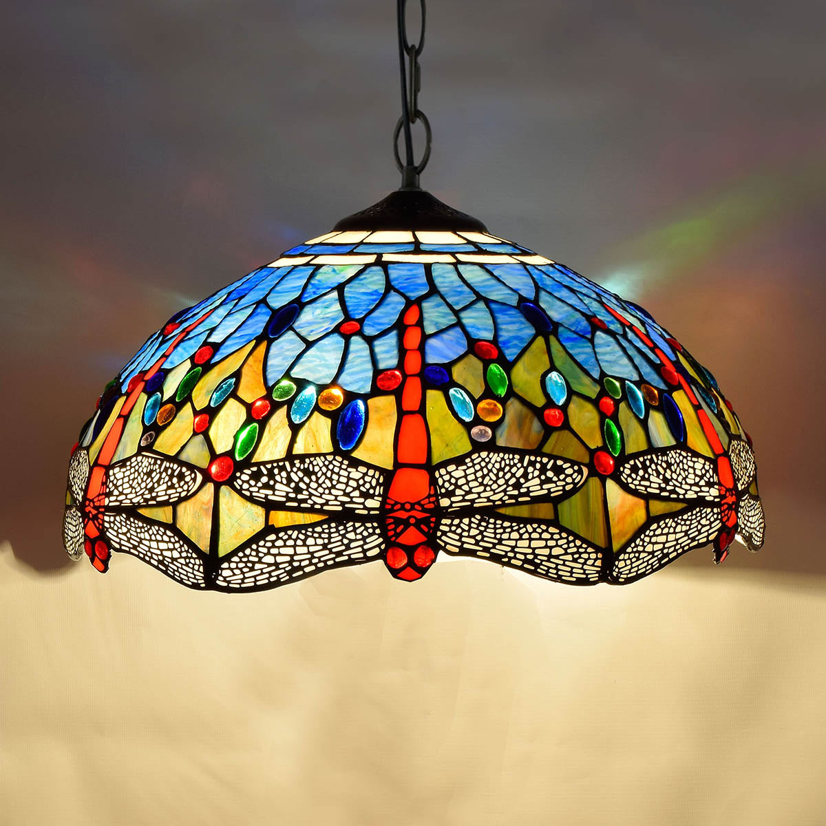 Multicolored Dragonfly Tiffany Stained Glass Ceiling Light