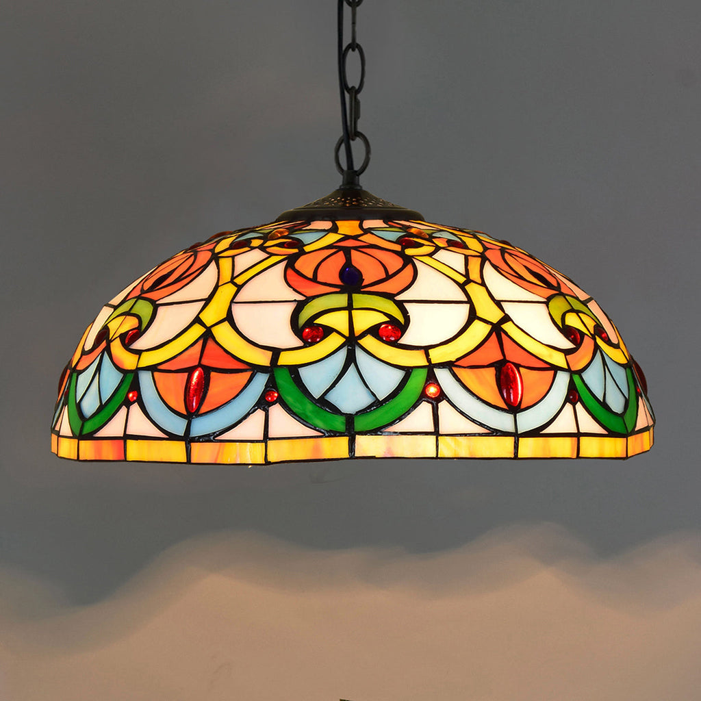 Tiffany-style stained glass pendant light in multicolored dome