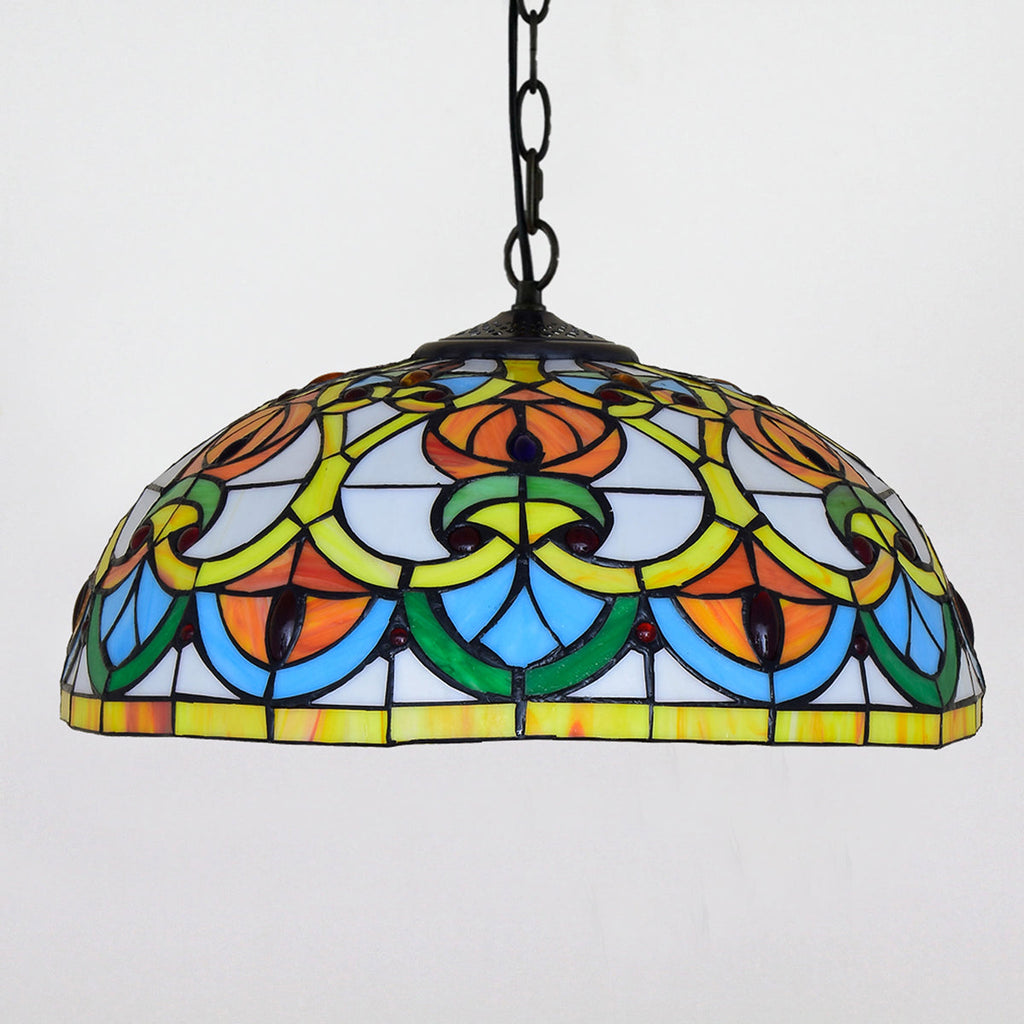 Tiffany-style stained glass pendant light in multicolored dome