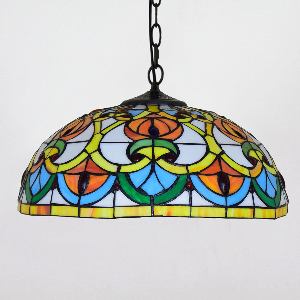 Tiffany-style stained glass pendant light in multicolored dome