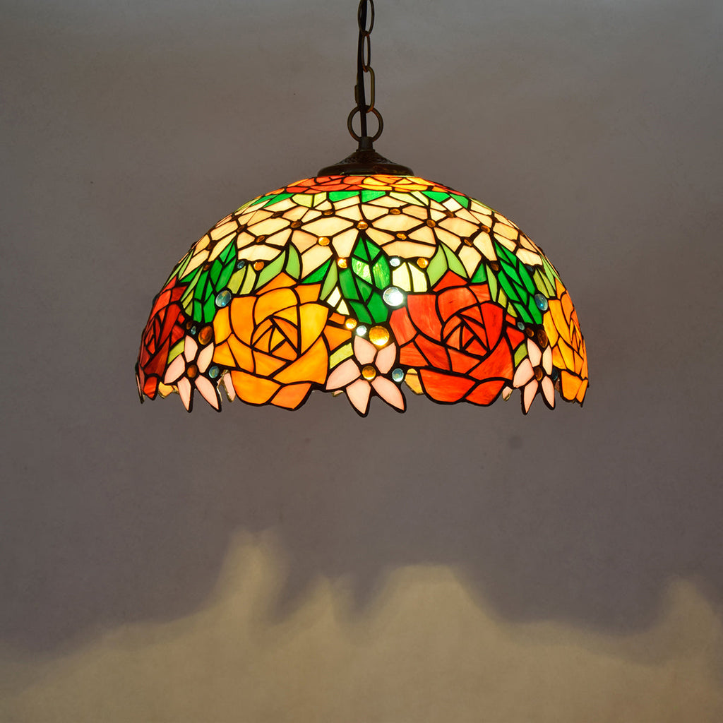 Pink Floral Tiffany Style Tinted Glass Pendant Light
