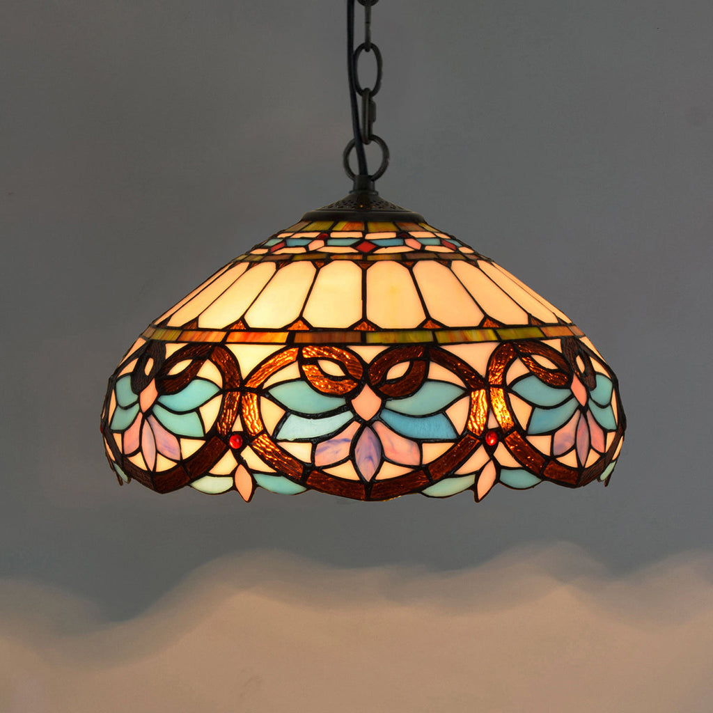 Tiffany-style stained glass pendant light in blue and pink floral design.