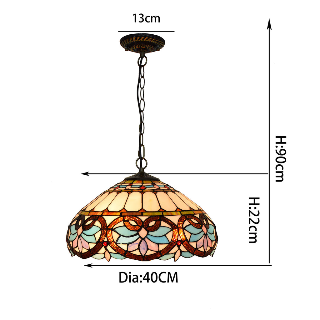 Tiffany-style stained glass pendant light in blue and pink floral design.