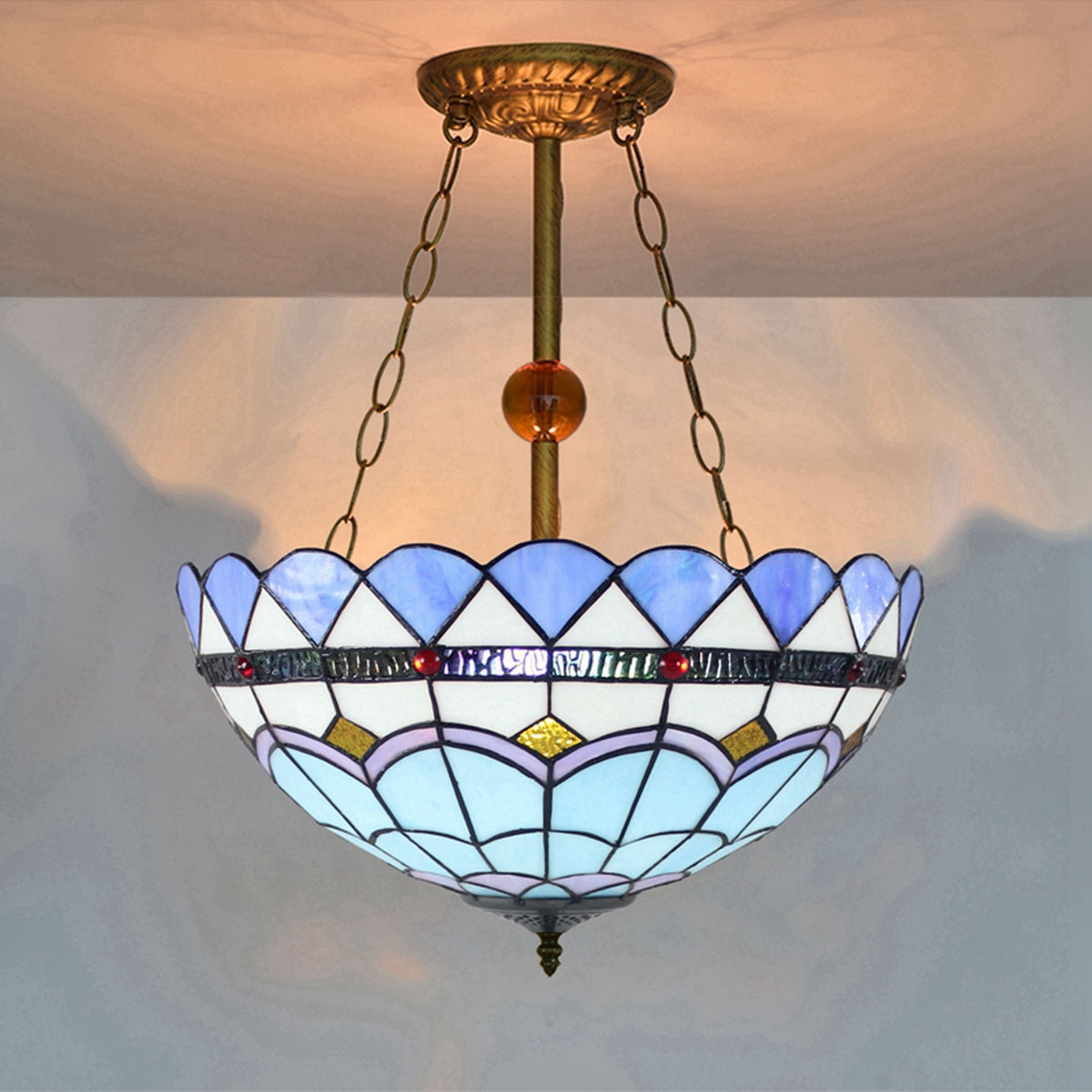 Blue and White Tiffany Style Stained Glass Pendant Light