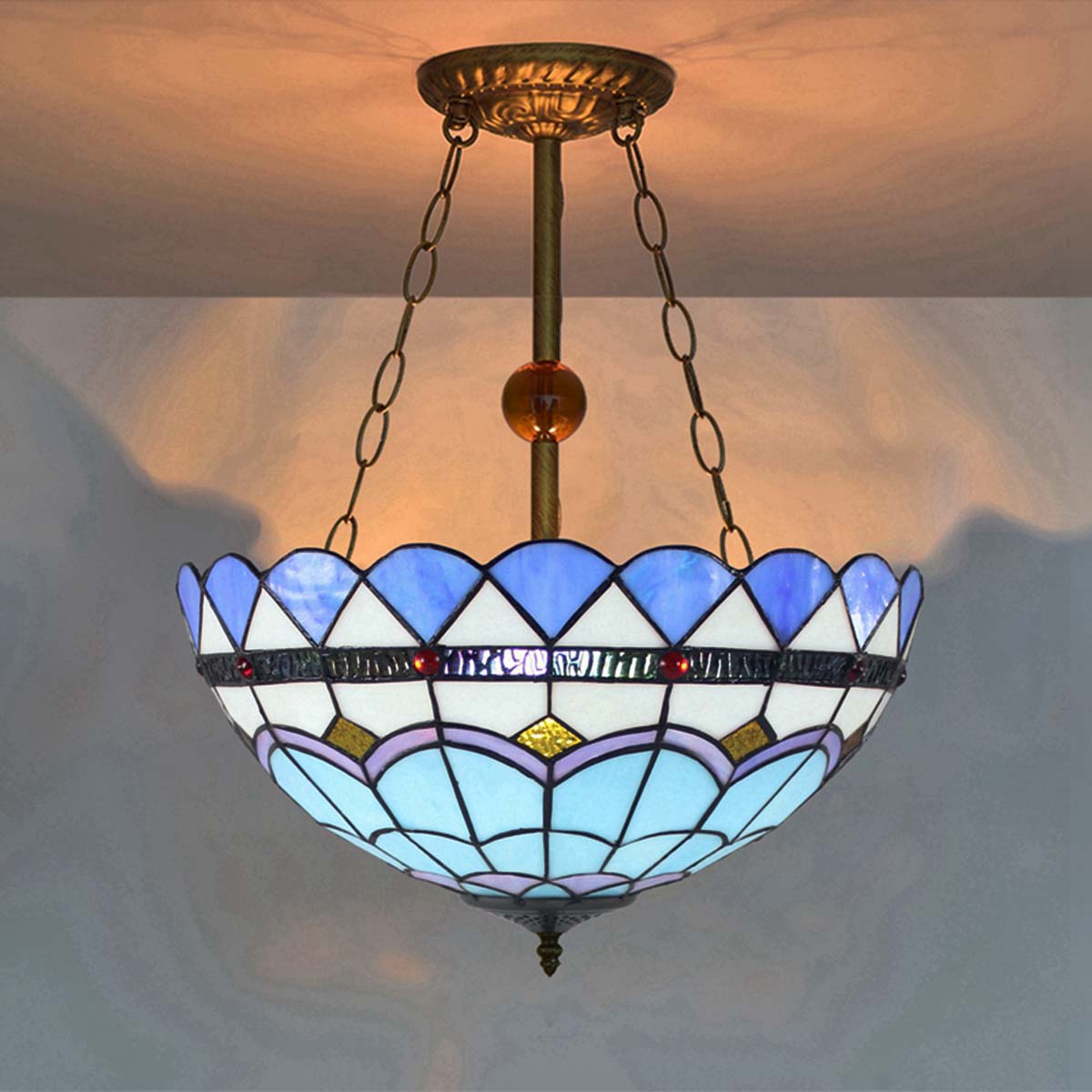Blue and White Tiffany Style Stained Glass Pendant Light