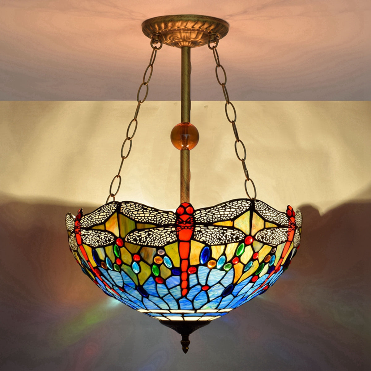 Tiffany Style Stained Glass Dragonfly Hanging Pendant Light