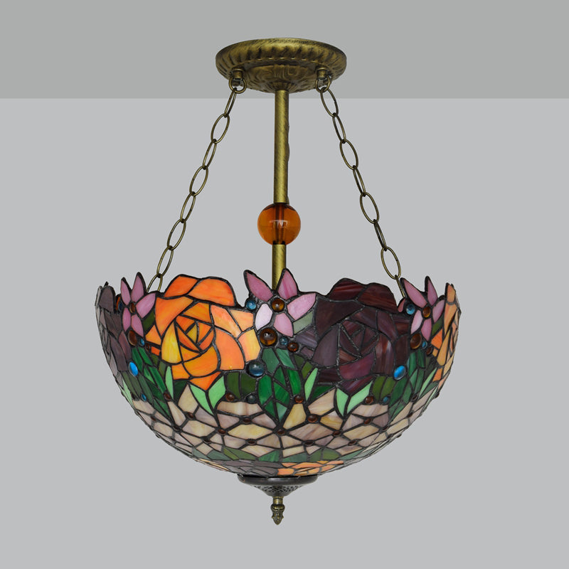 Floral Stained Glass and Iron Hanging Chandelier