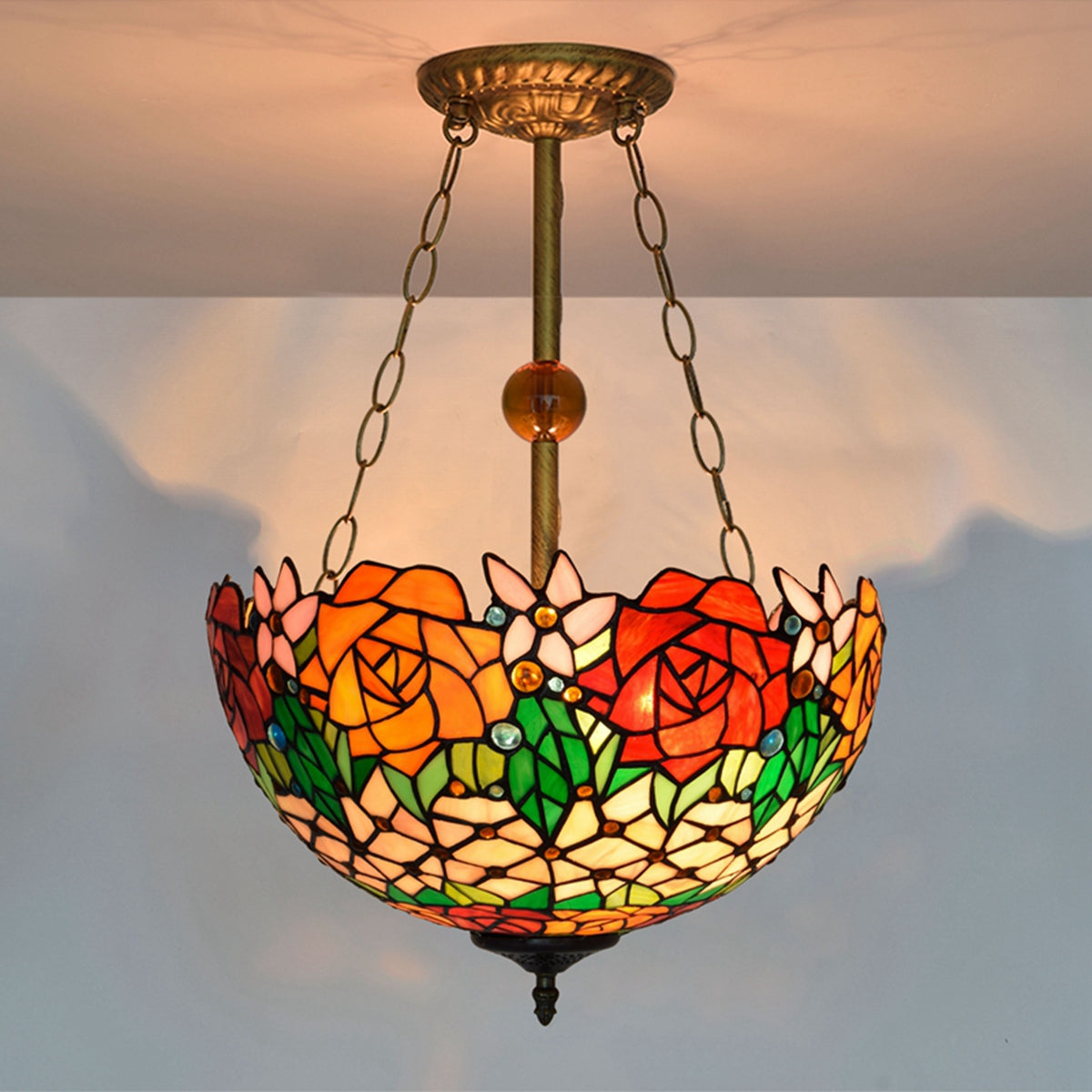 Floral Stained Glass and Iron Hanging Chandelier