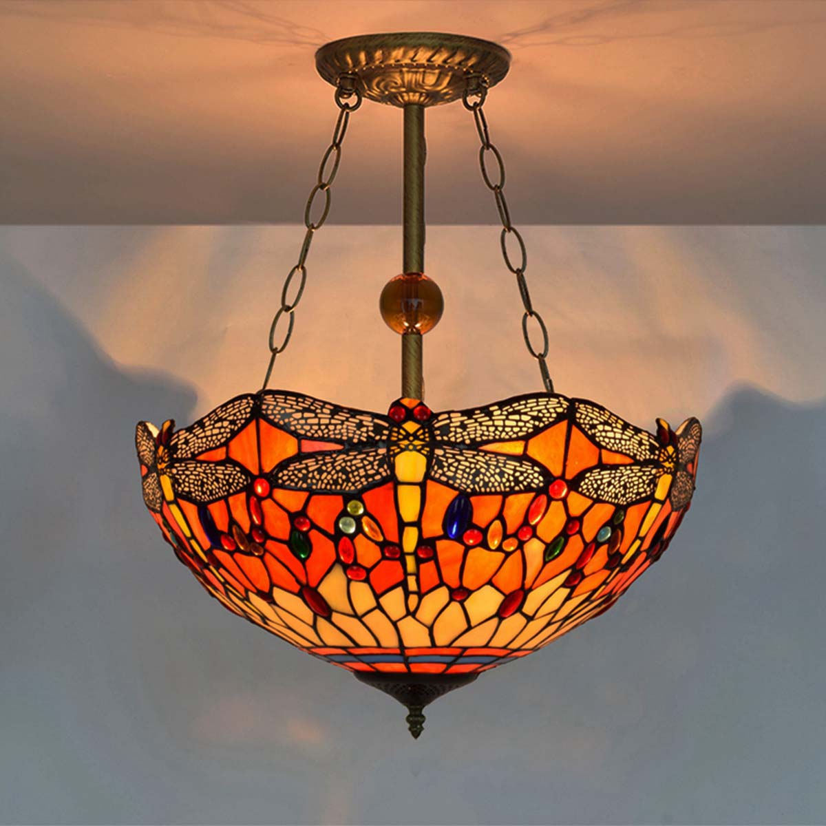 Art Nouveau Dragonfly Pendant Light in Tinted Glass