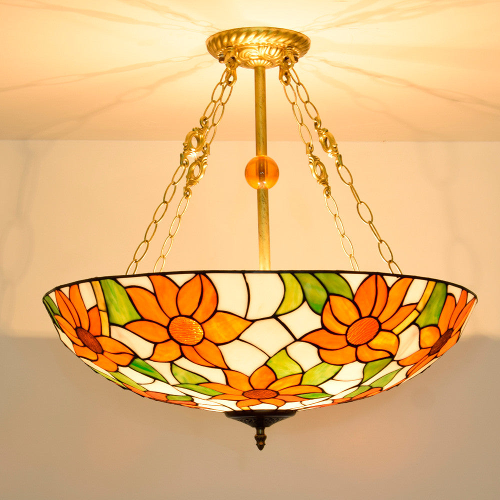 Tiffany Floral Pendant Light in Stained Glass and Wrought Iron