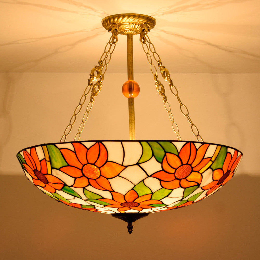 Tiffany Floral Pendant Light in Stained Glass and Wrought Iron