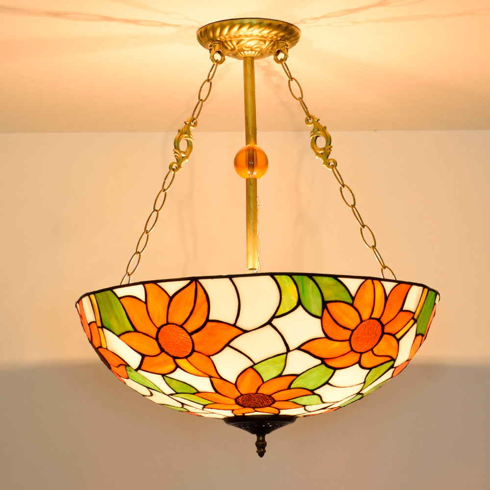 Tiffany-style glass pendant light with orange flowers