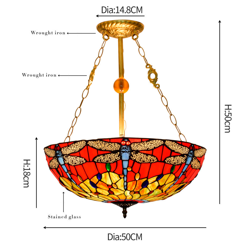 Red Tinted Glass Tiffany Pendant Light with Dragonflies