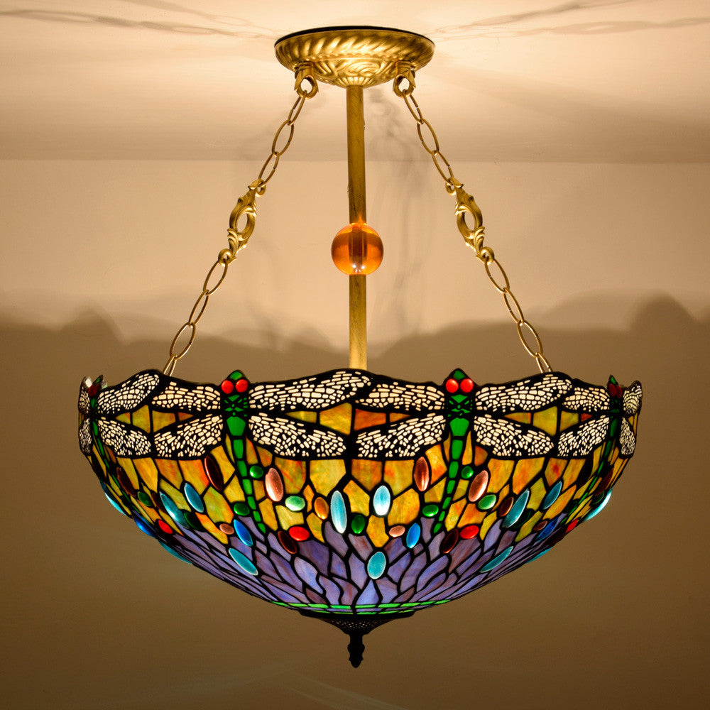 Multicolored Stained Glass Tiffany Chandelier with Dragonflies