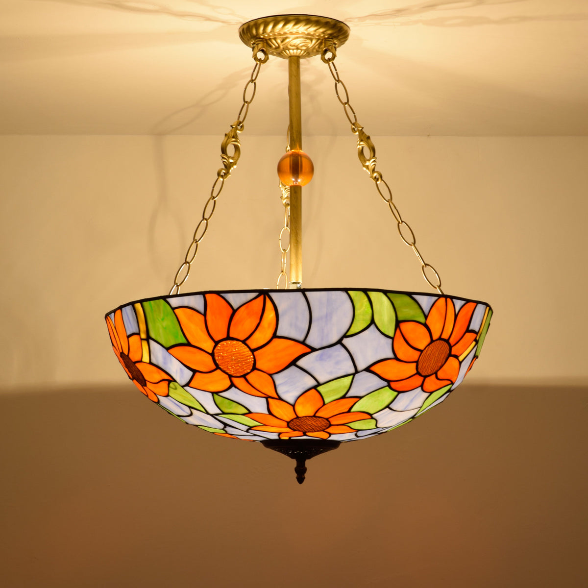Tiffany Sunflower Chandelier in Blue Stained Glass