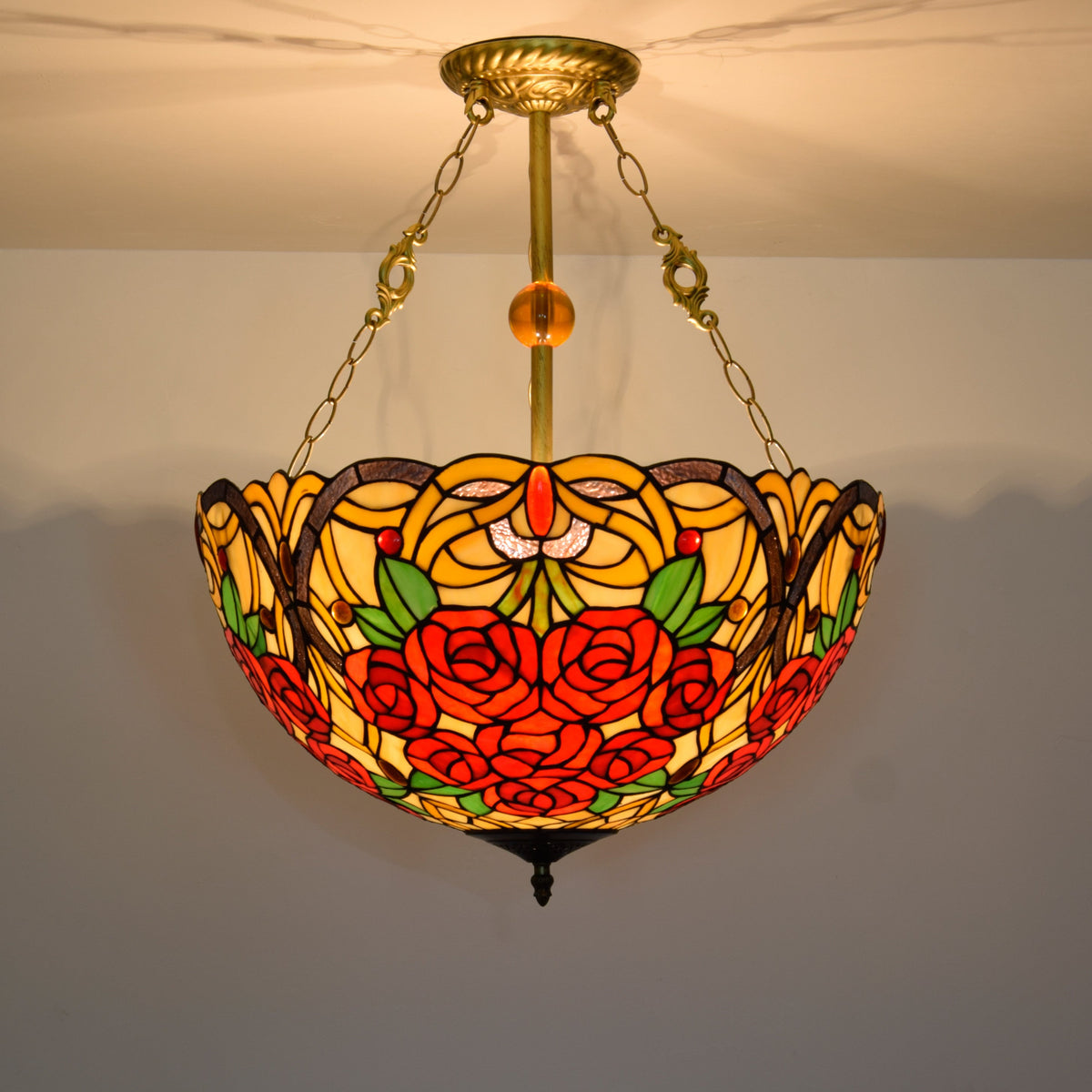 Tiffany Chandelier in Stained Glass with Red Roses