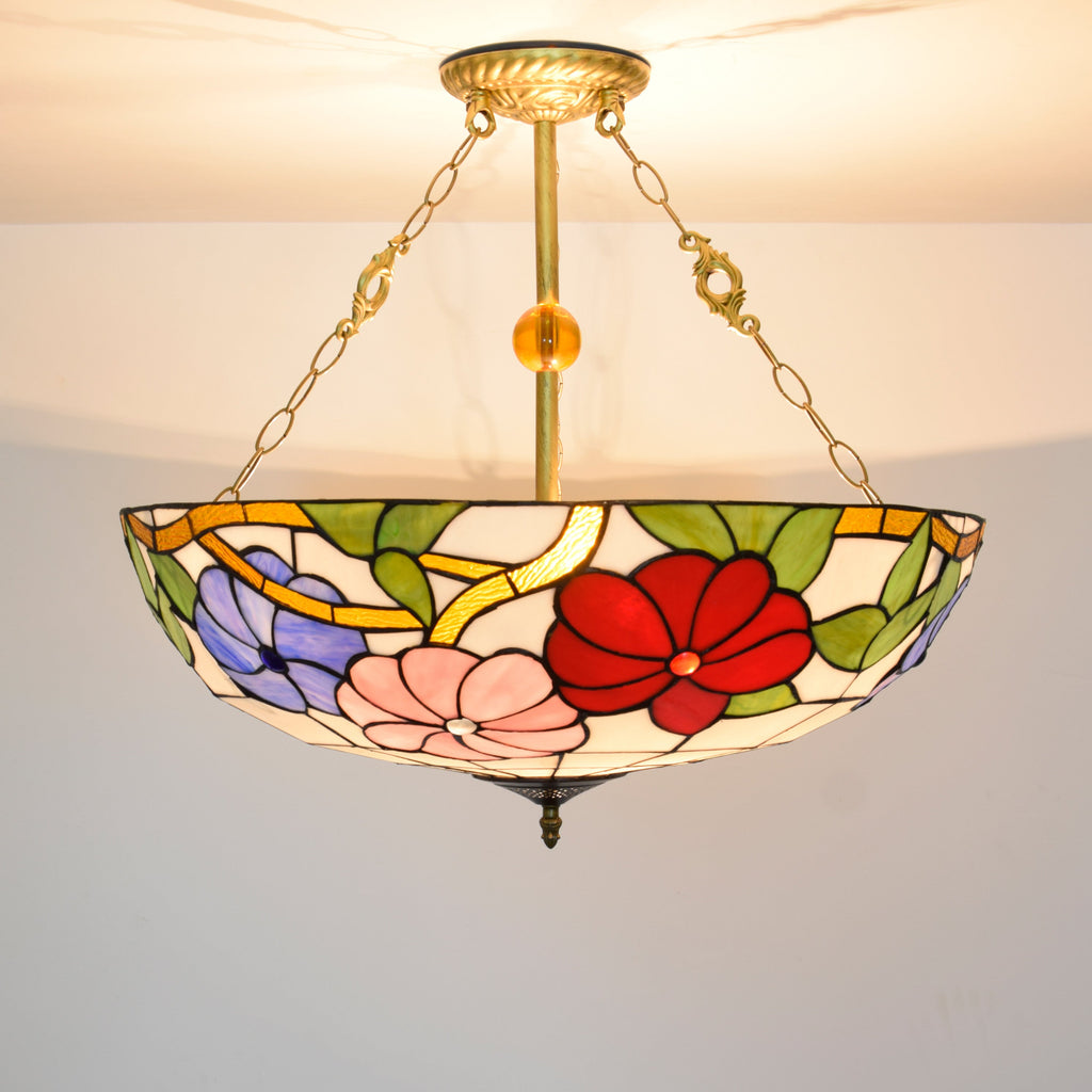 Tiffany Style Floral Stained Glass Ceiling Light with Gold Chains