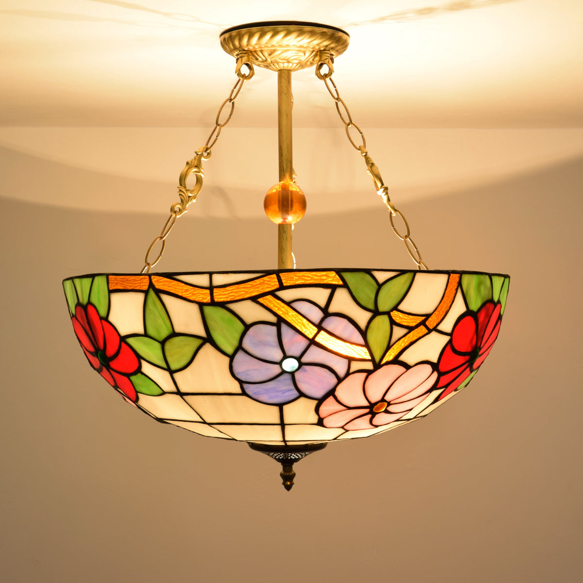 Art Nouveau Multicolor Floral Stained Glass Ceiling Light